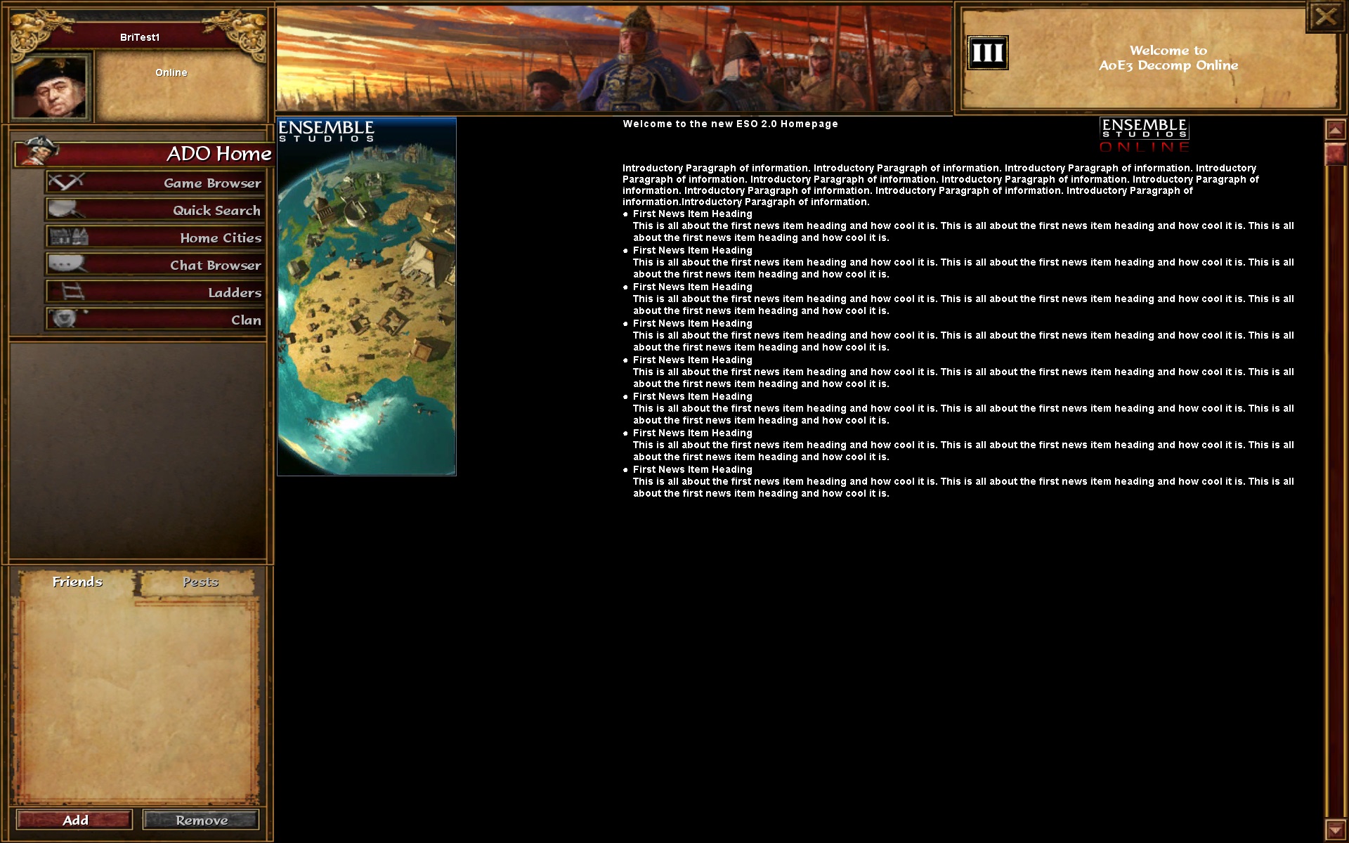 The ESO home page viewer on macOS drawing the game's own placeholder page (Ensemble's ESO 2.0 layout) once a loose uihomepage.xml is in the player's Data folder: the game's page viewer, pictures and text all work on the port.