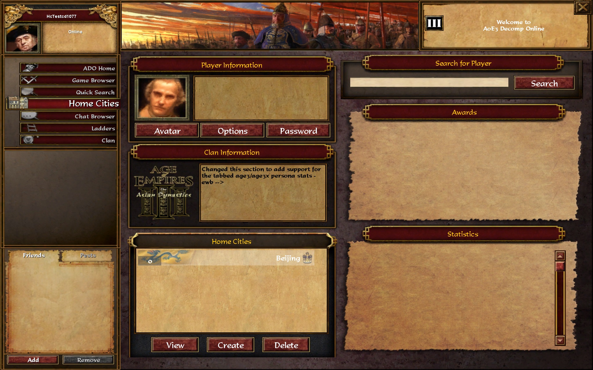 An online Home City (Beijing, Chinese) created in the game's own Create Your Home City dialog and stored by the community server at play.aoe3-decomp.org.