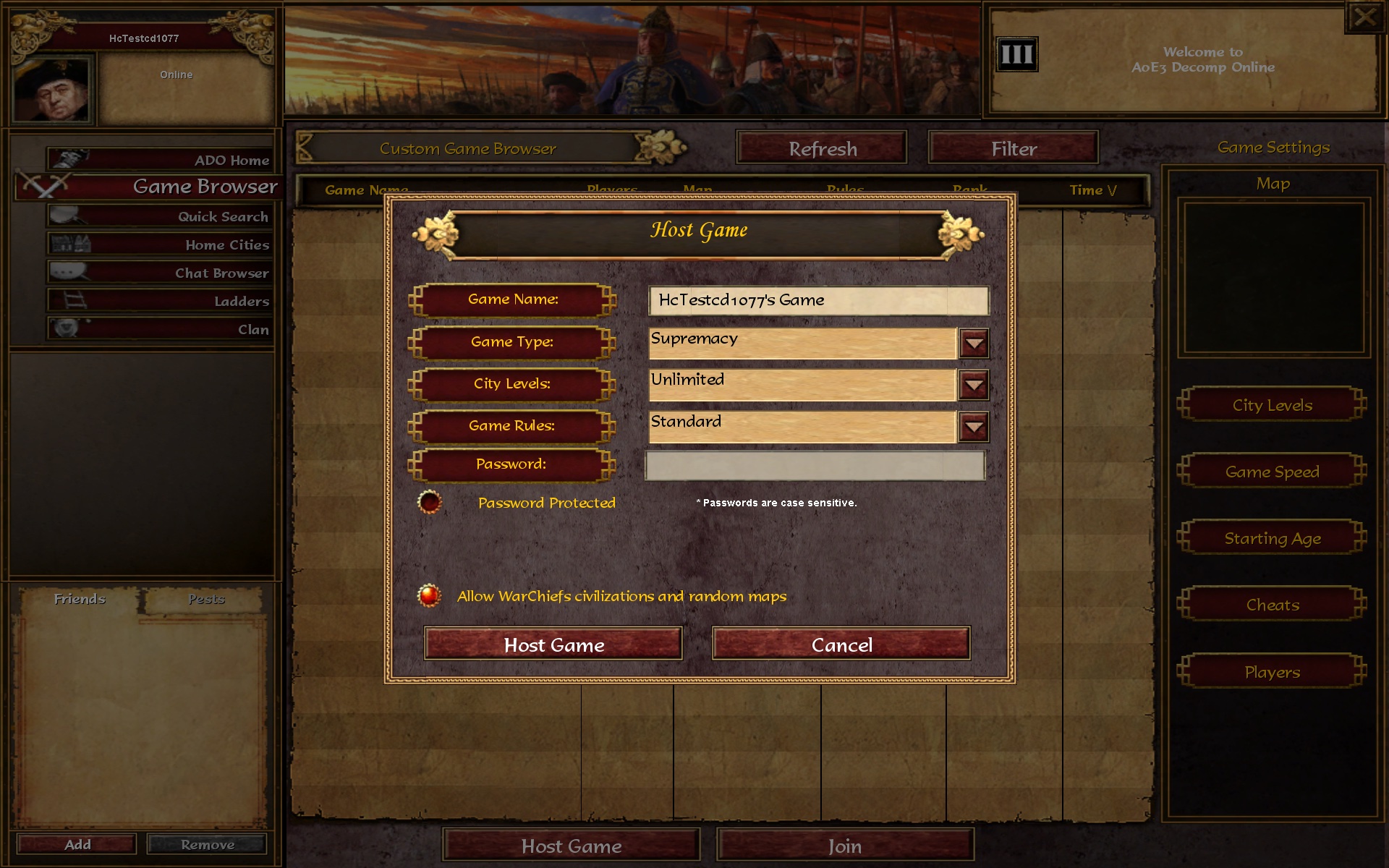 Hosting on AoE3 Decomp Online: with an online Home City, Host Game now opens the game's own Host Game dialog instead of "You must first create a Home City"; the community server answers the game's homecity2 service.